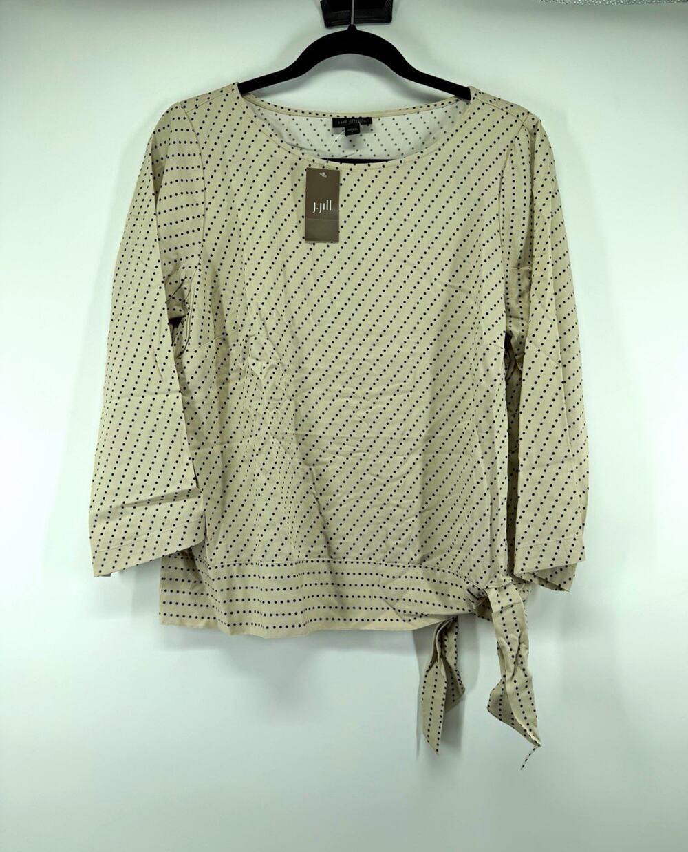 J.Jill Wearever woven top women’s S beige black polka dot tie hem 3/4 sleeve